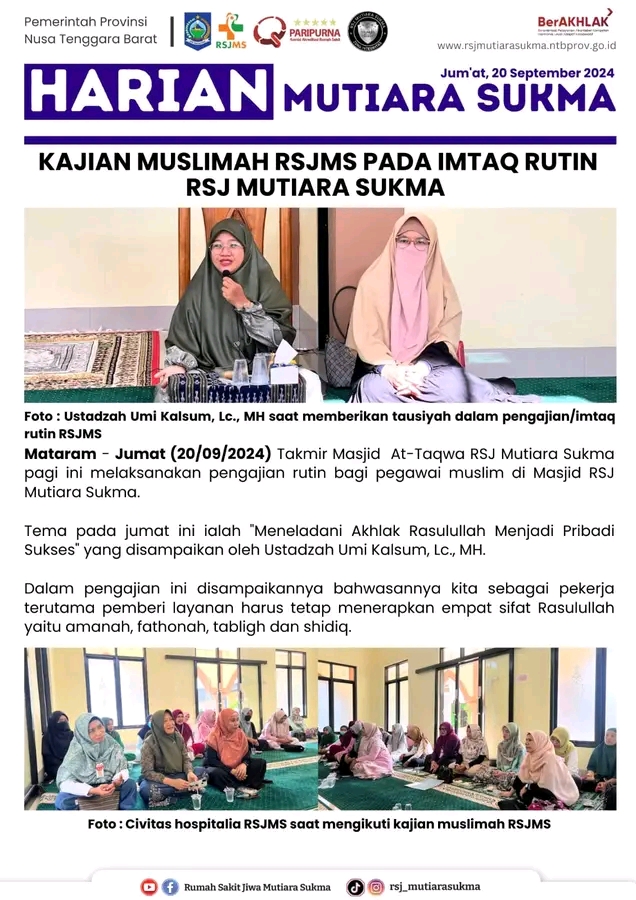 KAJIAN MUSLIMAH RSJMS PADA IMTAQ RUTIN RSJ MUTIARA SUKMA